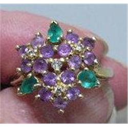 Size 8 1/4 Lady's Cocktail Ring with 3 Emeralds, 3 Diamonds and 12 Amethysts (31)