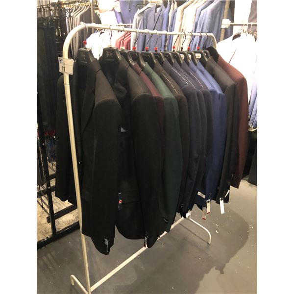 13 SUIT JACKETS AND PANTS INCLUDING CALVIN KLEIN, DAVID MAJOR AND MORE. MIXED SIZES, INCLUDES RACK