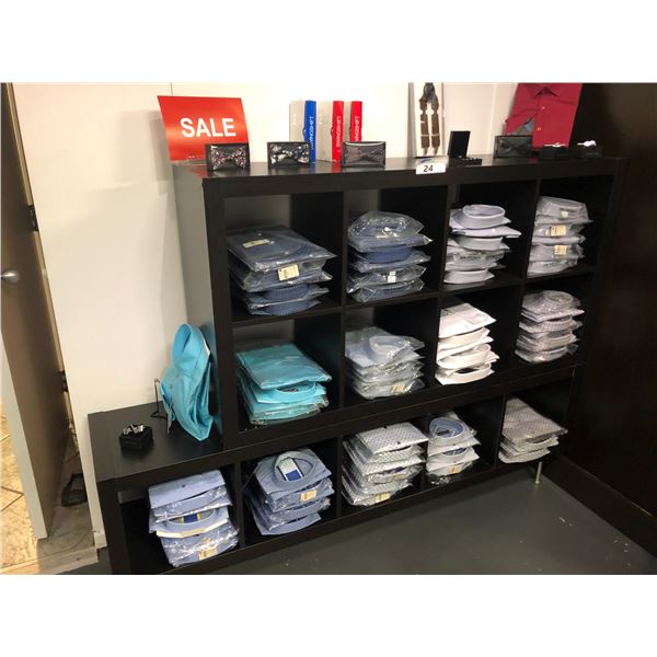 DARK WOOD MULTI COMPARTMENT CUBBY UNIT WITH DRESS SHIRTS AND ACCESSORIES