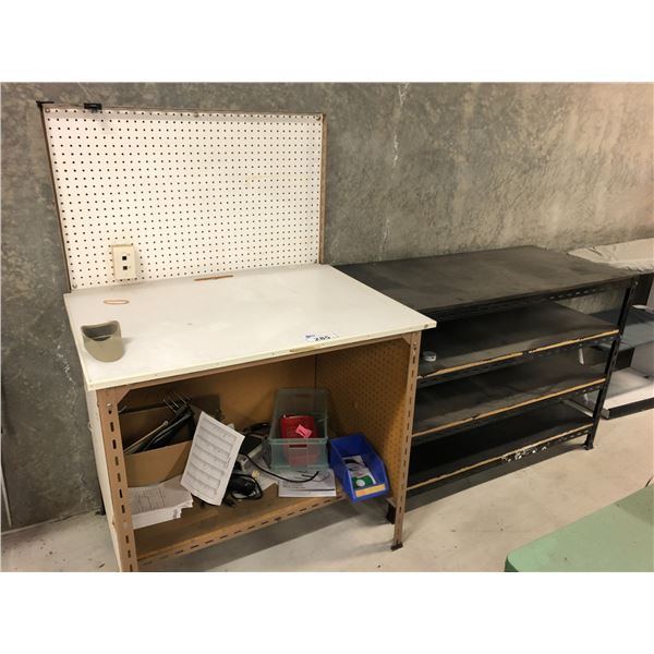 ONE 3'W WORK BENCH AND SMALL WAREHOUSE RACK
