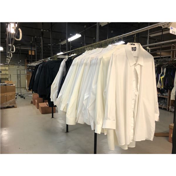 RACK OF MENS MIXED JACKETS, VESTS AND SHIRTS VARIOUS COLOURS AND SIZES