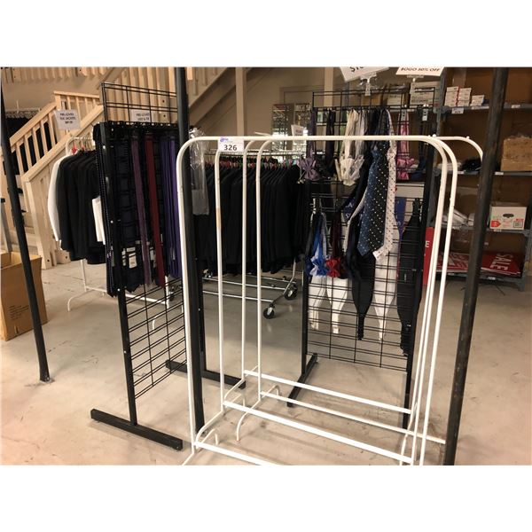 LOT OF 9 DISPLAY RACKS AND CONTENTS INCLUDING JACKETS, VESTS, SHIRTS AND PANTS