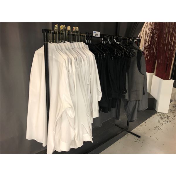APPROX 3 BLACK MENS JACKETS, MISC VESTS, SHIRTS, PANTS AND SHOES