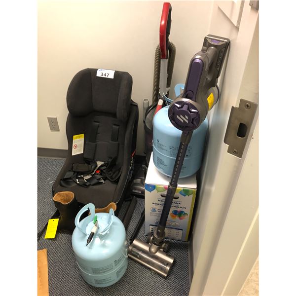 CONTENTS OF STORAGE ROOM INCLUDING VACUUMS, HELIUM TANKS, BALOONS, CHILDREN'S CAR SEAT
