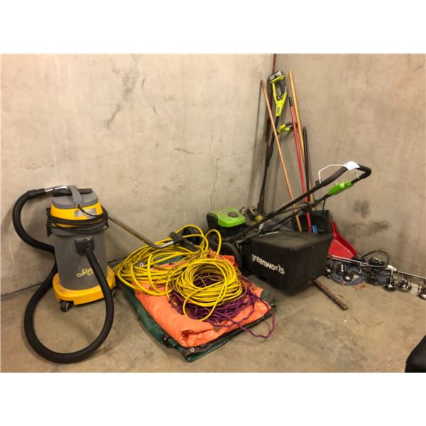 VARIOUS YARD EQUIPMENT INCLUDING GREENWORKS LAWNMOWER, RYOBI CORDLESS TRIMMER, SHOP VAC AND MORE -