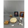 Image 1 : Handcrafted Aboriginal Hide Drum, Decorated Box, Wolf Sculpture,2 Framed Art and Dream Catcher