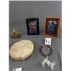 Image 2 : Handcrafted Aboriginal Hide Drum, Decorated Box, Wolf Sculpture,2 Framed Art and Dream Catcher