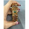 Image 2 : Vintage Detailed Gold Tone Bracelet w/ Semi-Precious Stones & Unique Pin Closure