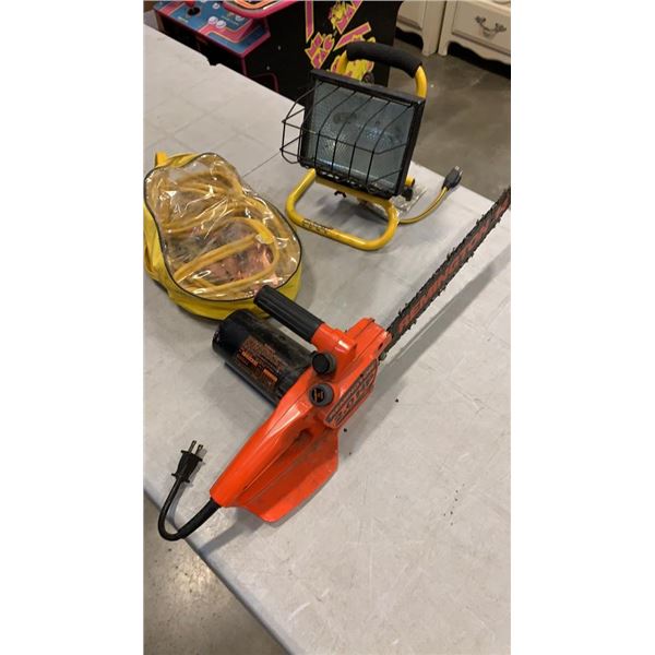 REMINGTON ELECTRIC CHAINSAW, HALOGEN LIGHT, AND JUMPER CABLES