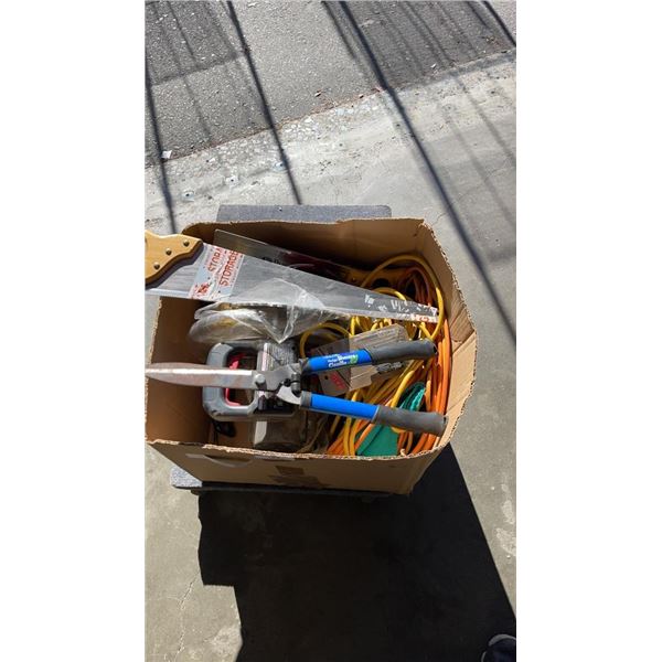 BOX OF POWER TOOLS AND EXTENTION CORDS