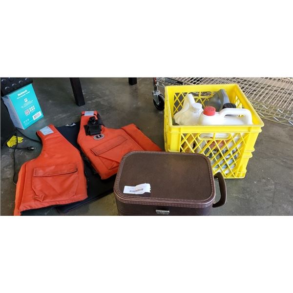 CRATE OF AUTOMOTIVE FLUIDS, MUSTANG FLOATER VEST AND PICNIC GLASS SET