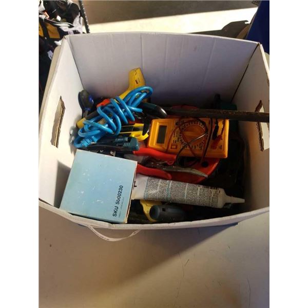 BOX OF ASSORTED TOOLS AND MULTIMETER