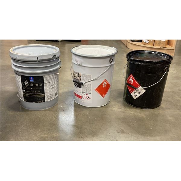 PAIL OF GFL GREEN PAINT, PAIL WOOD FINISHING WHITE PRIMER AND PAIL WHITE ENAMEL PAINT