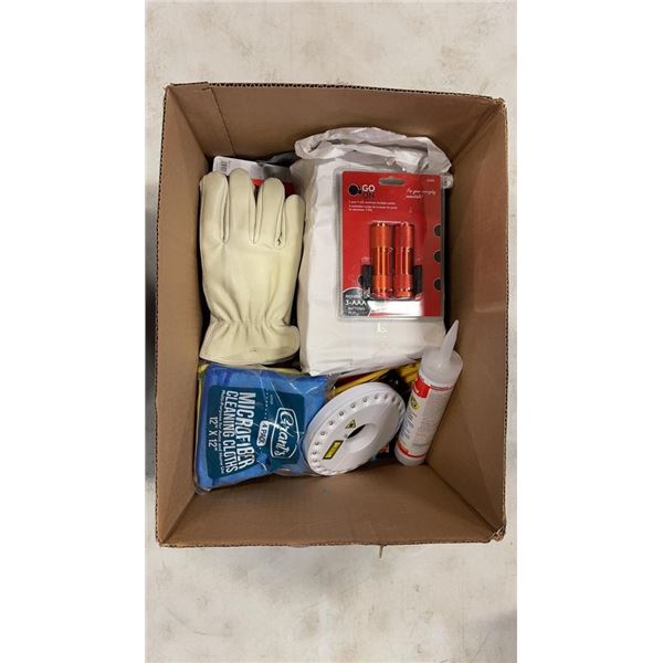 BOX OF ASSORTED NEW ITEMS, TOOLS, KITCHEN, LEATHER GLOVES ETC