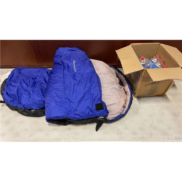 9 BUTANE GAS CANS AND SLEEPING BAG