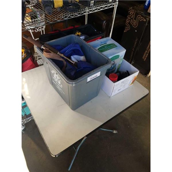 BOX AND BIN OF WATER FOUNTAIN, FISHING RODS AND MORE