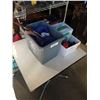 Image 1 : BOX AND BIN OF WATER FOUNTAIN, FISHING RODS AND MORE