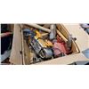 Image 3 : 2 BOXES OF ASSORTED POWER TOOLS, OIL PAN, SLEDGE HAMMER AND AXE