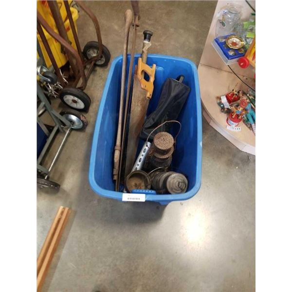 TOTE OF GOLF BALL SHAGGER, HICKORY BAT, SAWS AND LANTERNS