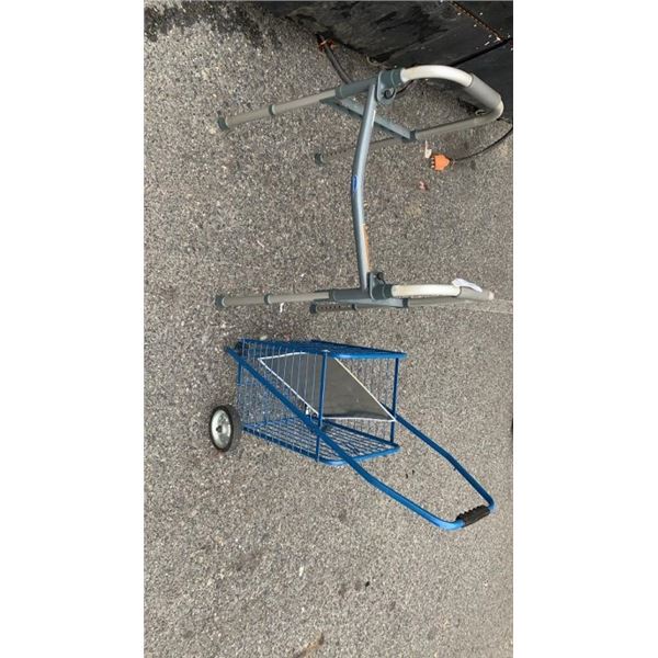 PERSONAL SHOPPING CARTS WITH FOLDING WALKER AND MOOSE CROSSING METAL SIGN