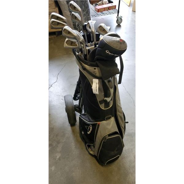 SPALDING GOLF CLUBS, ODYSSEY PUTTER, BAG AND FOLDING CART