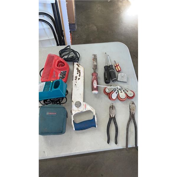 ROK STORAGE TOOLBAG WITH CORDLESS BATTERY CHARGERS AND SAW TESTED AND WORKING