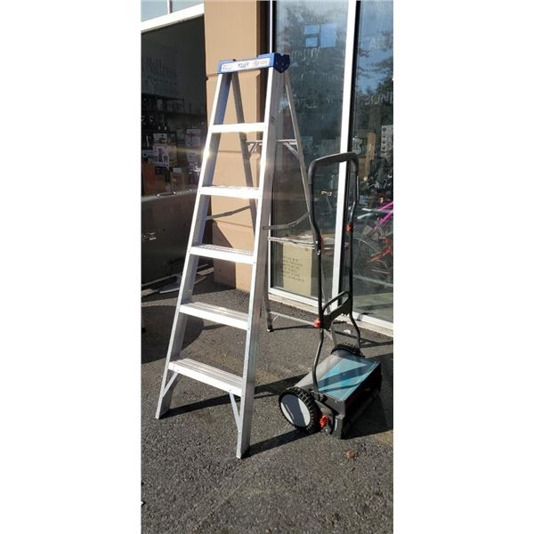 GARDENA REEL MOWER AND 6FT ALUMINUM LADDER