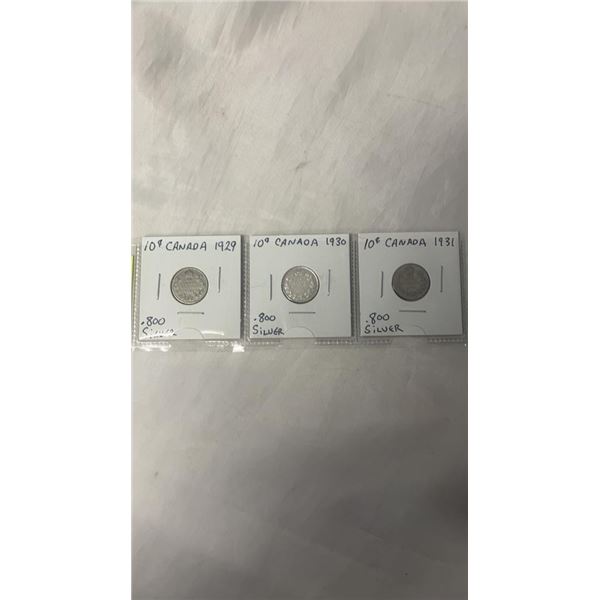 3 CANADIAN DIMES - LOW MINTAGE - 1929, 1930, 1931 (.800 SILVER)