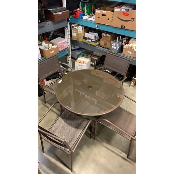 ROUND GLASS TOP PATIO TABLE W/ 4 CHAIRS