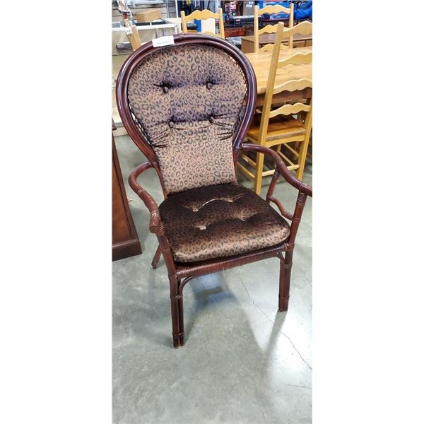 VINTAGE RATTAN CHAIR W/ LEOPARD CUSHIONS