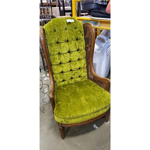 QUEEN ANNE UPRIGHT CHAIR - OLIVE GREEN TUFTED FABRIC, WALNUT W/ CANE INSERTS