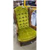 Image 1 : QUEEN ANNE UPRIGHT CHAIR - OLIVE GREEN TUFTED FABRIC, WALNUT W/ CANE INSERTS
