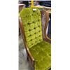 Image 2 : QUEEN ANNE UPRIGHT CHAIR - OLIVE GREEN TUFTED FABRIC, WALNUT W/ CANE INSERTS
