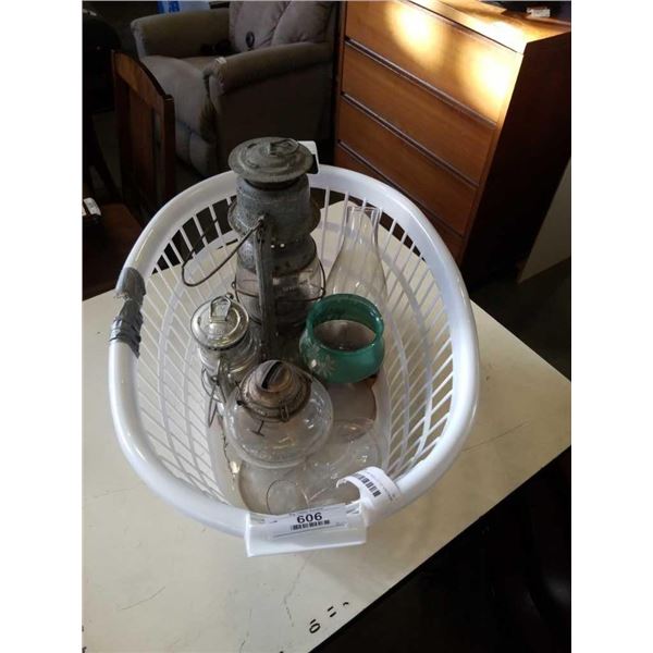 2 VINTAGE LANTERNS AND LOT OF VINTAGE OIL LAMP PARTS