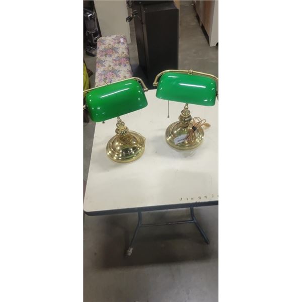 PAIR OF GREEN GLASS SHADE BRASS BANKERS LAMPS