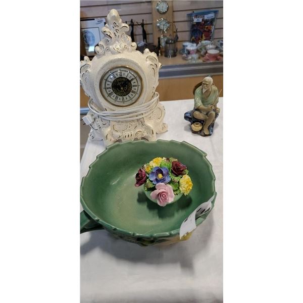 PORCELAIN MANTLE CLOCK, DENTON FLORAL AND ROSEVILLE BOWL - BOWL HAS REPAIRED HANDLE