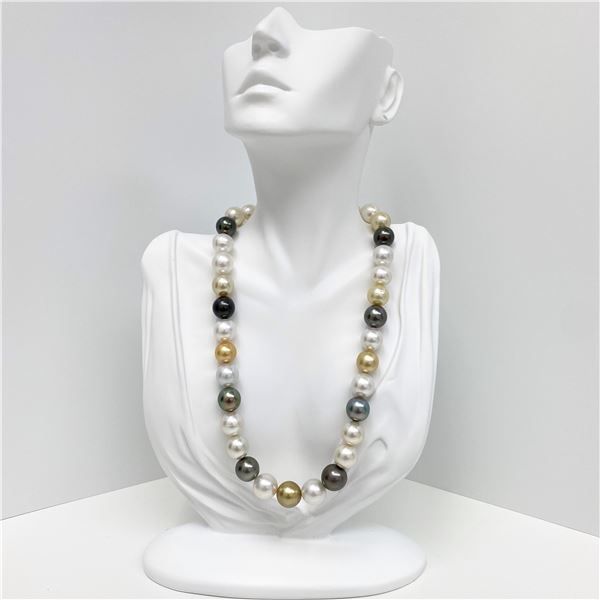 12-14mm South Sea and Tahitian Multicolor Round/Near-Round Pearl Necklace with Gold Clasp