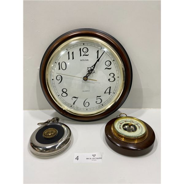 Vintage Clocks, Burrometer, And Flask