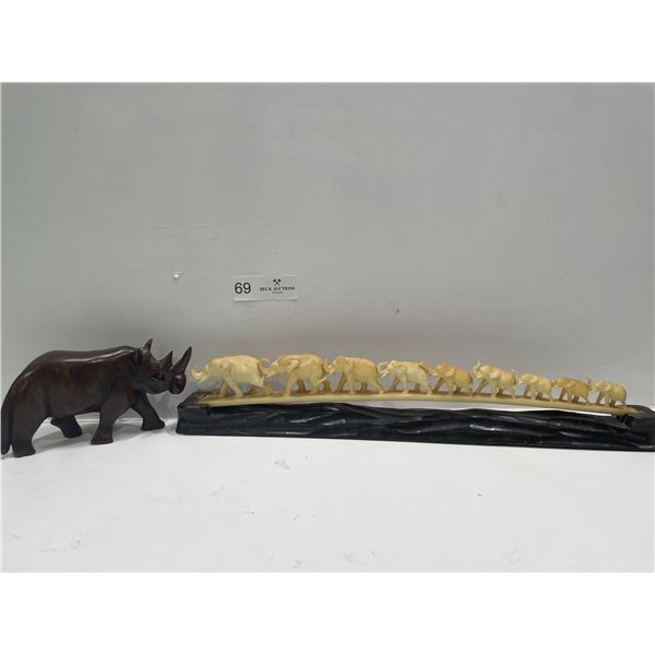 Herd Of Elephants Carving With Wooden Rhinoceros