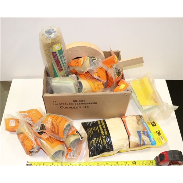 BOX OF ASSORTED ITEMS INCLUDES TAPE, GLOVES AND