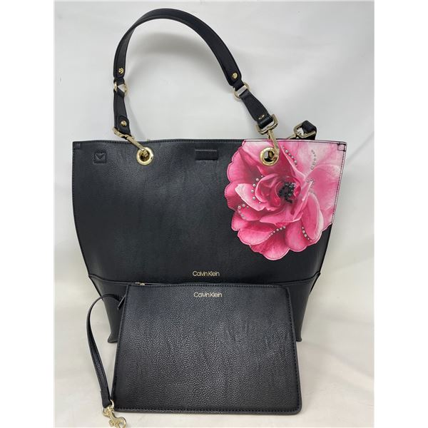 New Calvin Klein Black purse with pink flower + interior attachable bag
