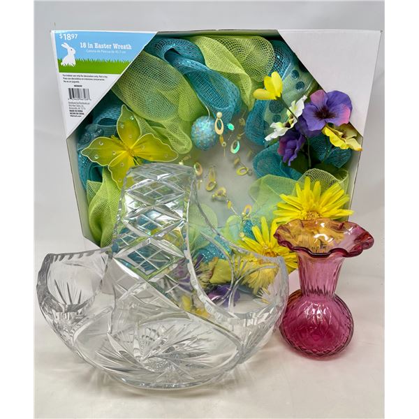 Easter Wreath, Pin Wheel Crystal Basket, Pink Vase