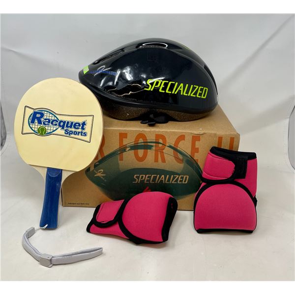 Air Force II Helmet (used), Ping Pong Paddles, 2 Hand Weights