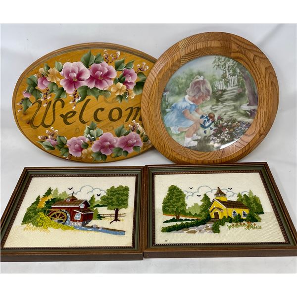 Welcome Sign, Stop & Smell the Roses Plate, 2 Needle Point Pictures