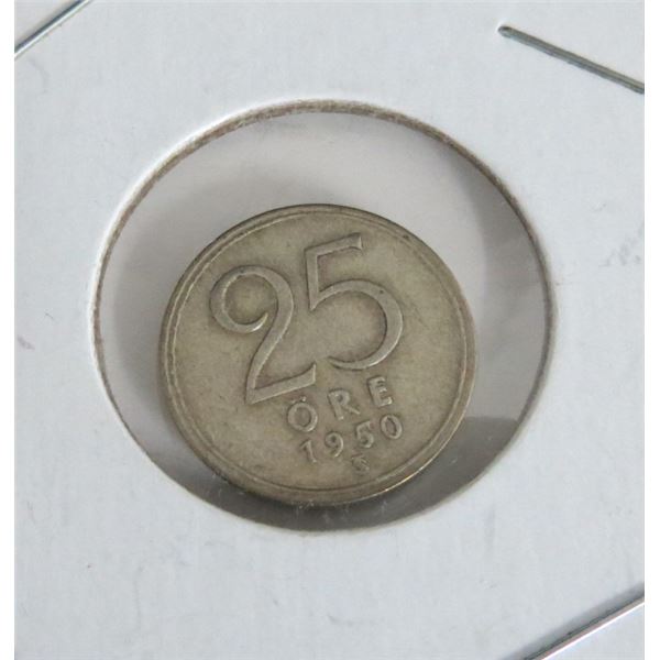 1950 Sweden 25 Ore Silver Coin