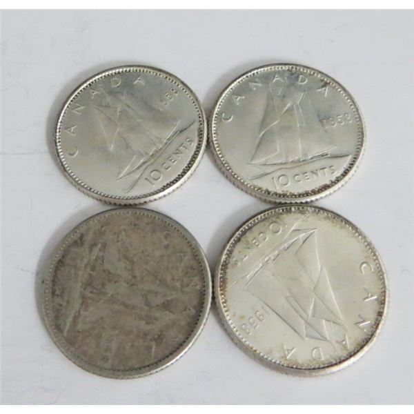 1958 Canadian Silver Dimes Lot Of 4