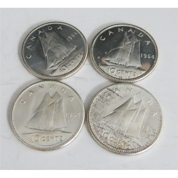 1964 Canadian Silver Dimes Lot Of 4