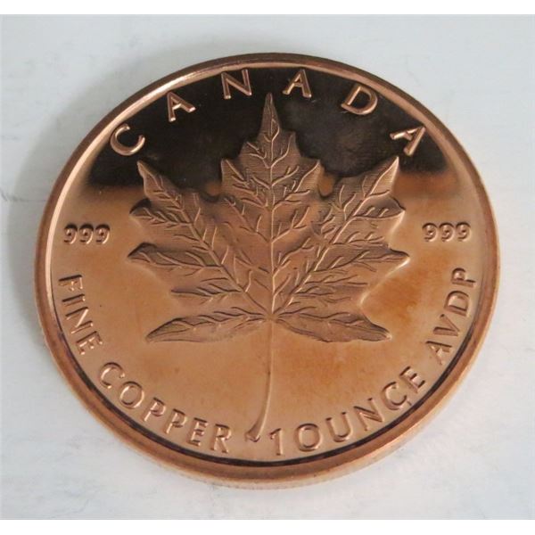 1 Ounce Canada Maple Leaf .999 Fine Copper Round