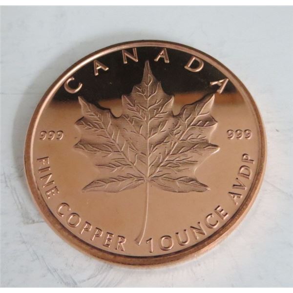 1 Ounce Canada Maple Leaf .999 Fine Copper Round