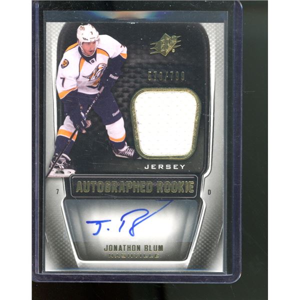 2011-12 SPx #187 Jonathon Blum JSY AU RC 576/799